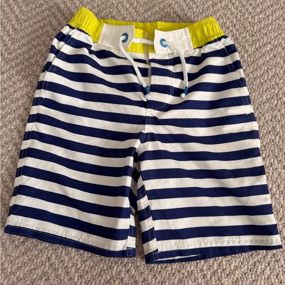 Mini Boden Navy and White Striped Kids Swim Trunks